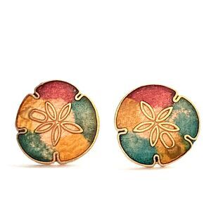Vintage Sand Dollar Cloisonne Earrings Sea Life Beach Enamel Gold Tone Taiwan